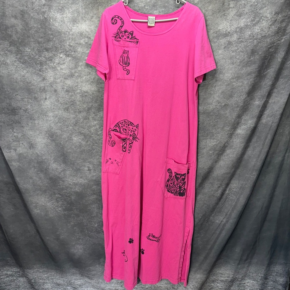 Vintage 90s Viva City Kitty Cat Graphic Multi Pocket Maxi Dress Size S Pink